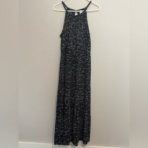 Old Navy Womens L Maxi Sun Dress Black White Floral Sleeveless Tiered Resortwear